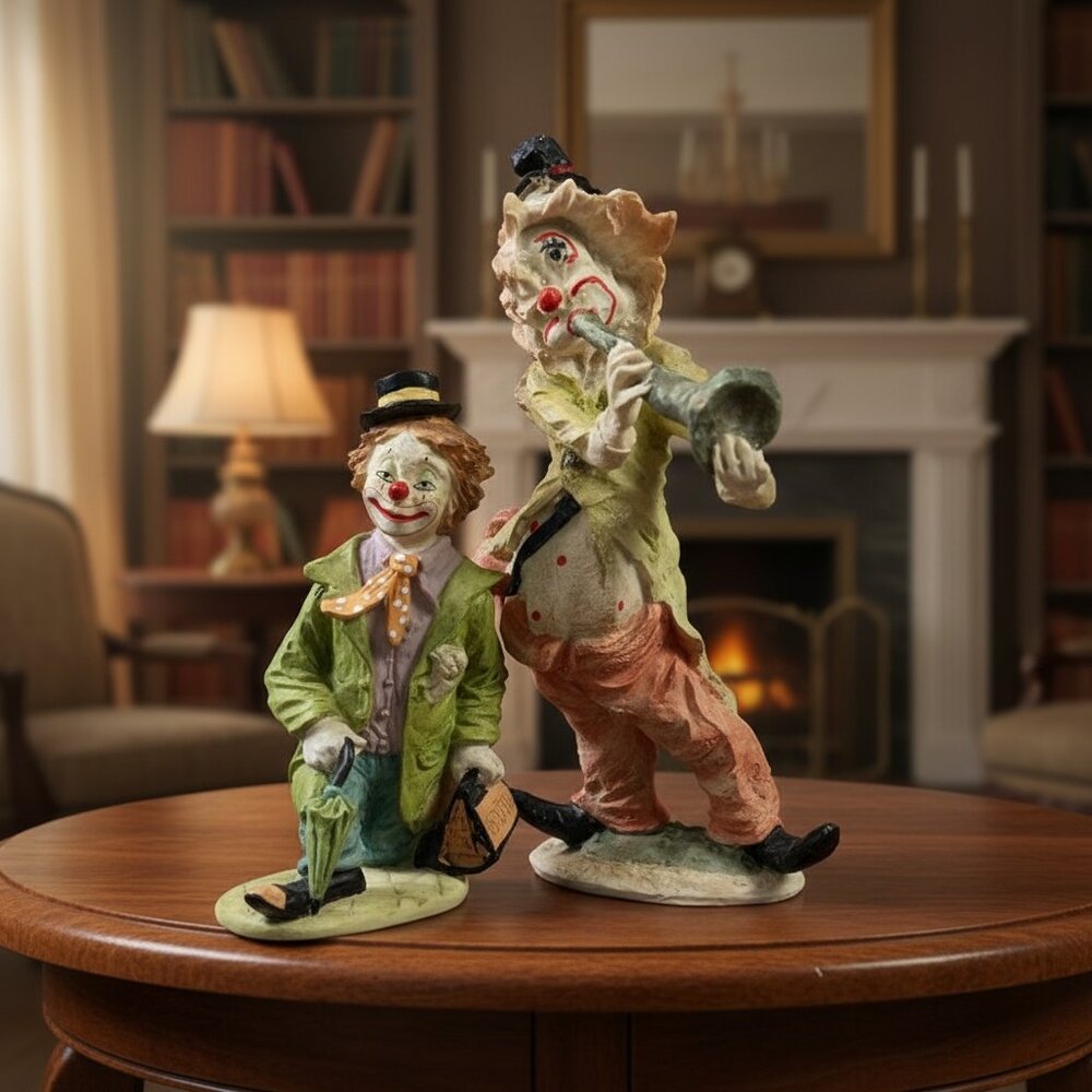 Vintage Hobo Clown Figurines Pair 10.75" Playing Horn & Banker Figure